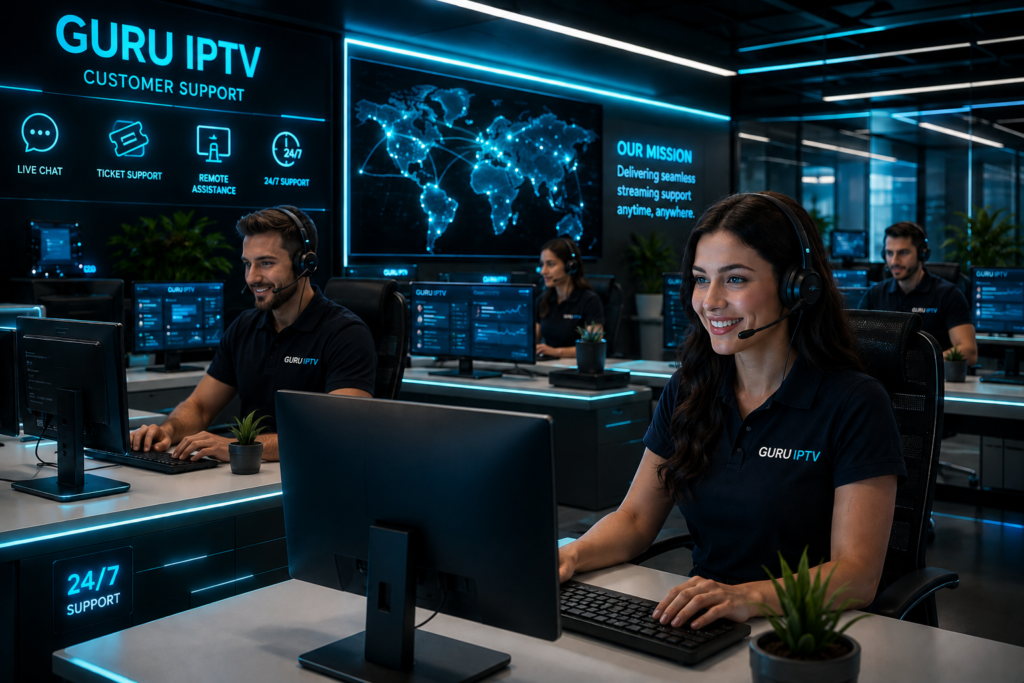 Guru IPTV customer support team working in a futuristic office with neon blue lighting and modern cyber-tech atmosphere.