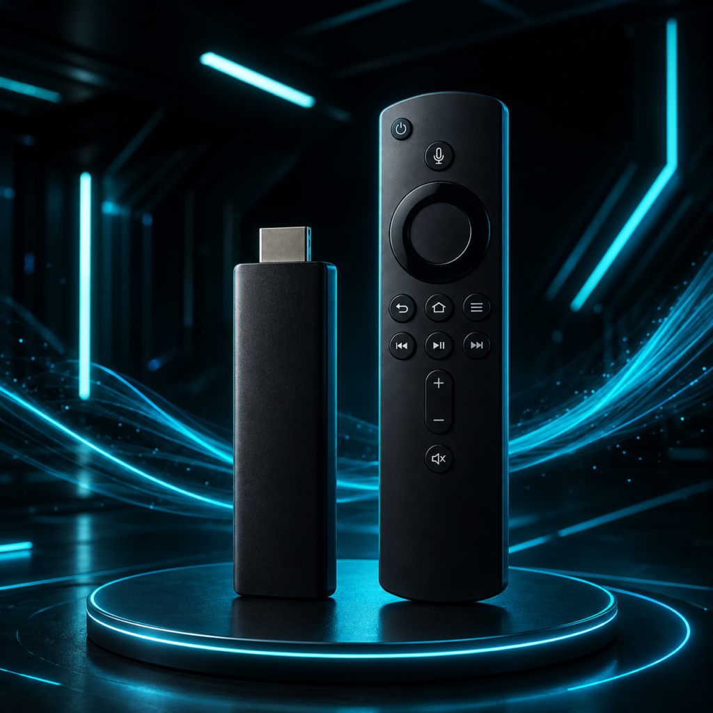 Guru IPTV streaming stick and remote displayed in a futuristic neon blue tech environment with cinematic lighting.