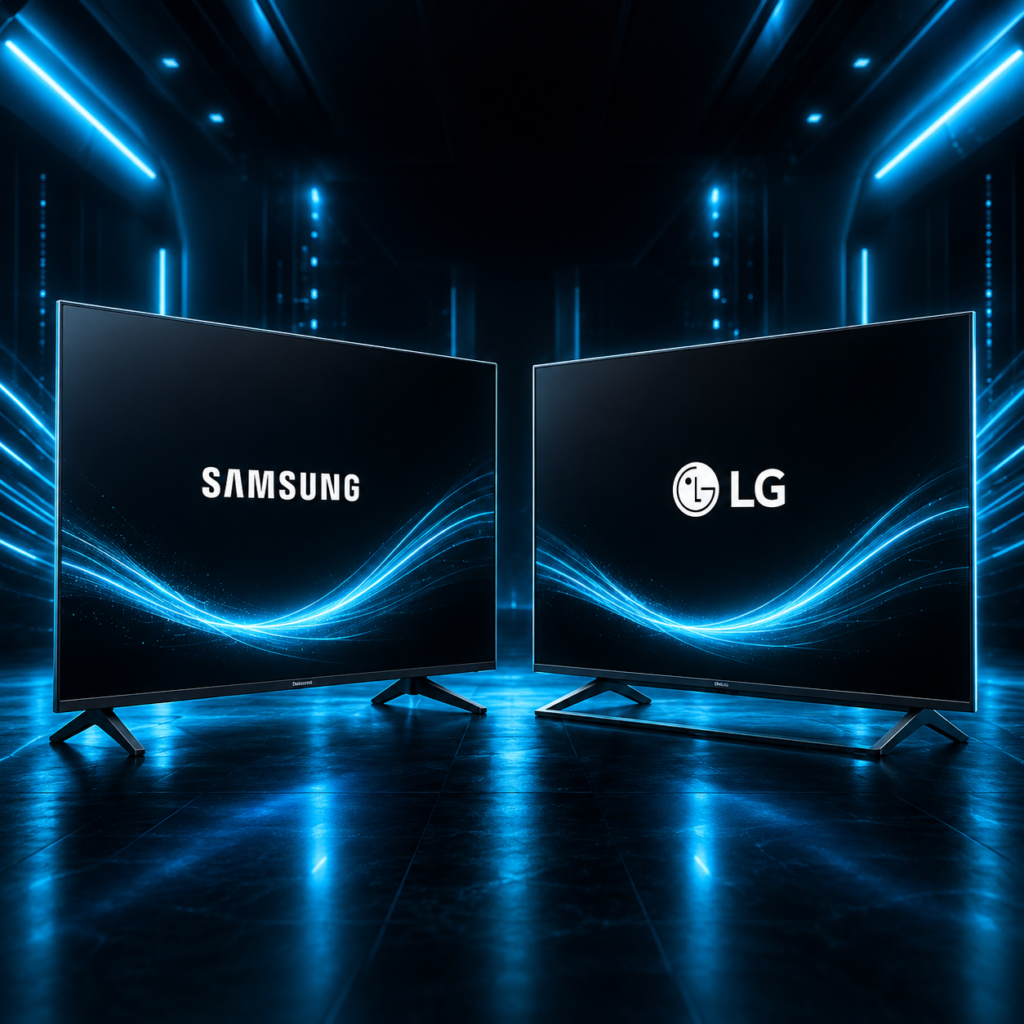 Samsung and LG smart TVs displayed in a futuristic neon blue tech environment with cinematic lighting and premium IPTV atmosphere.