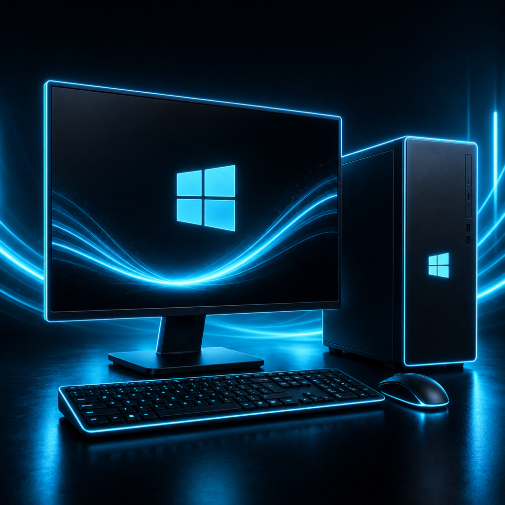 Windows desktop computer setup with futuristic neon blue lighting and cyber-tech streaming atmosphere for Guru IPTV.