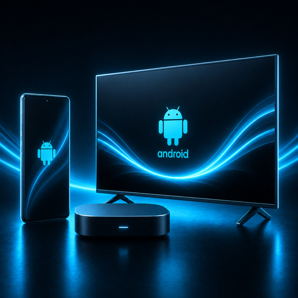 Android smart TV, smartphone, and streaming device displayed in a futuristic neon blue environment for Guru IPTV streaming.