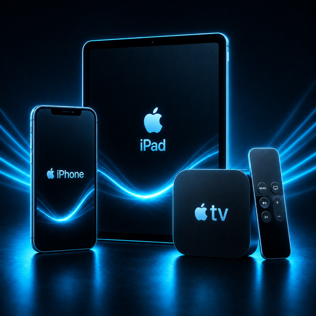 Apple iPhone, iPad, Apple TV, and remote displayed in a futuristic neon blue cyber-tech environment for Guru IPTV streaming.