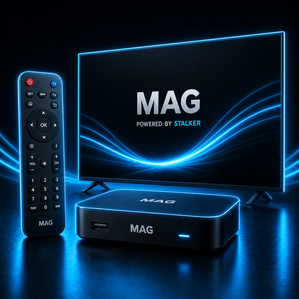 MAG IPTV box, remote control, and smart TV displayed in a futuristic neon blue cyber-tech environment for Guru IPTV streaming.