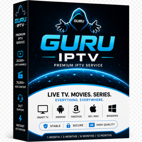 MAG IPTV box, remote control, and smart TV displayed in a futuristic neon blue cyber-tech environment for Guru IPTV streaming.